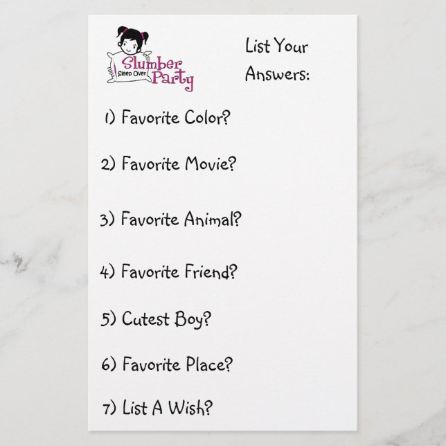 Slumber Party Fun List 2 Stationery (Front)