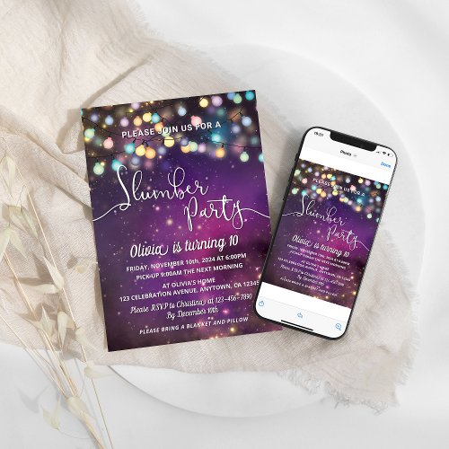 Slumber Party Galaxy String Lights Purple Birthday Invitation