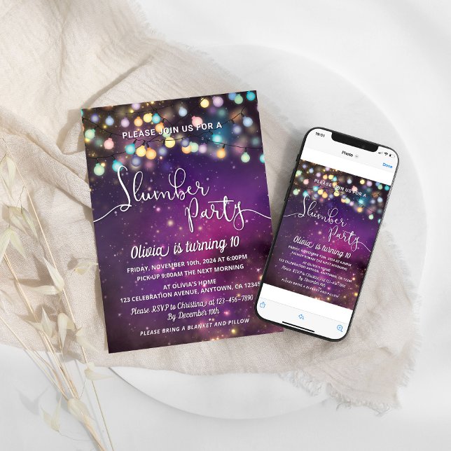 Slumber Party Galaxy String Lights Purple Birthday Invitation (Creator Uploaded)