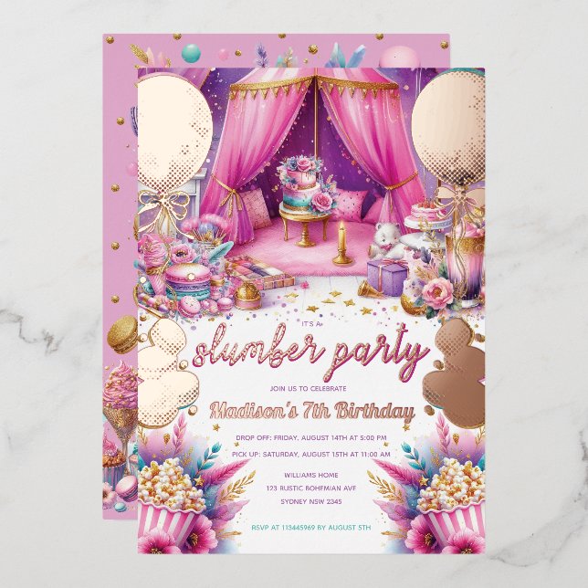 Slumber Party Girl Birthday Rose Gold Foil Invitation (Front/Back)