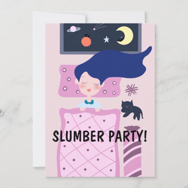 SLUMBER PARTY GIRL & CAT CUTE INVITATIONS  (Front)