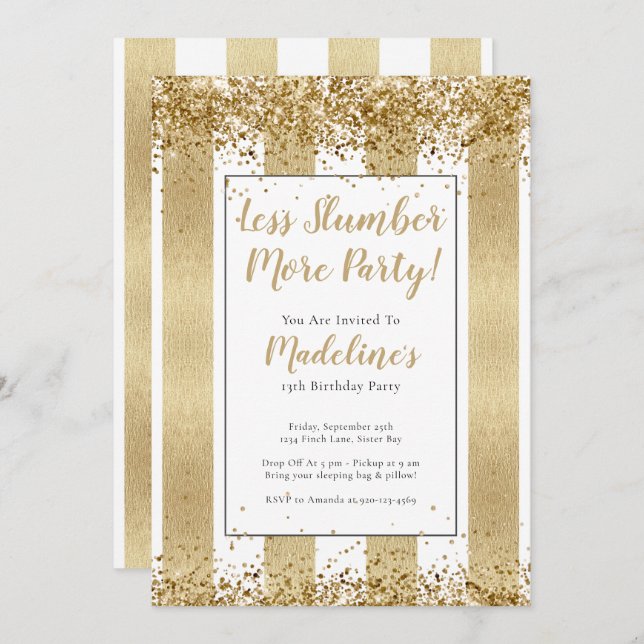 Slumber Party Gold Stripes Glitter Birthday Party Invitation (Front/Back)