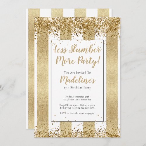 Slumber Party Gold Stripes Glitter Birthday Party Invitation