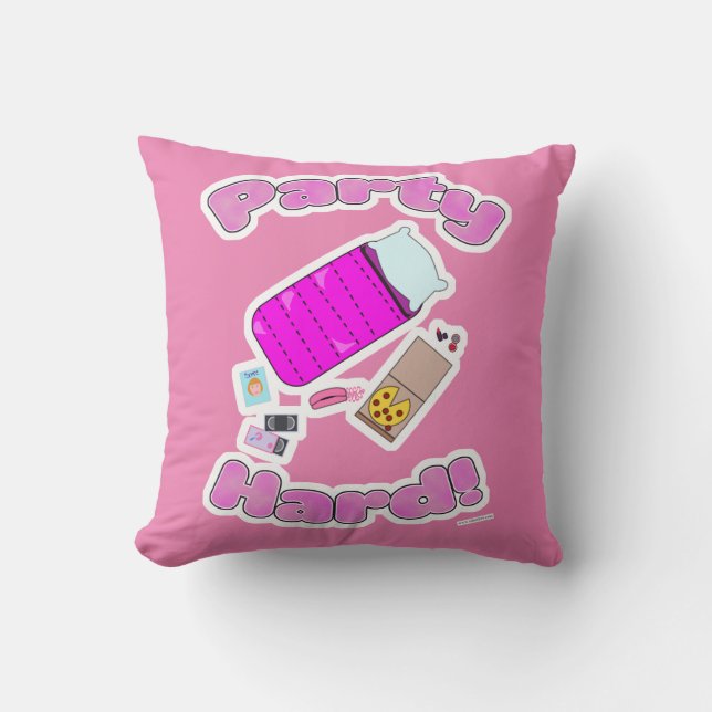 Slumber Party Hard Fun Motto Cartoon Humor Throw Pillow (Front)
