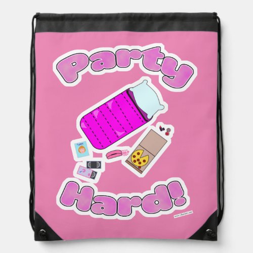 Slumber Party Hard Fun Slogan Cartoon Joy Drawstring Bag