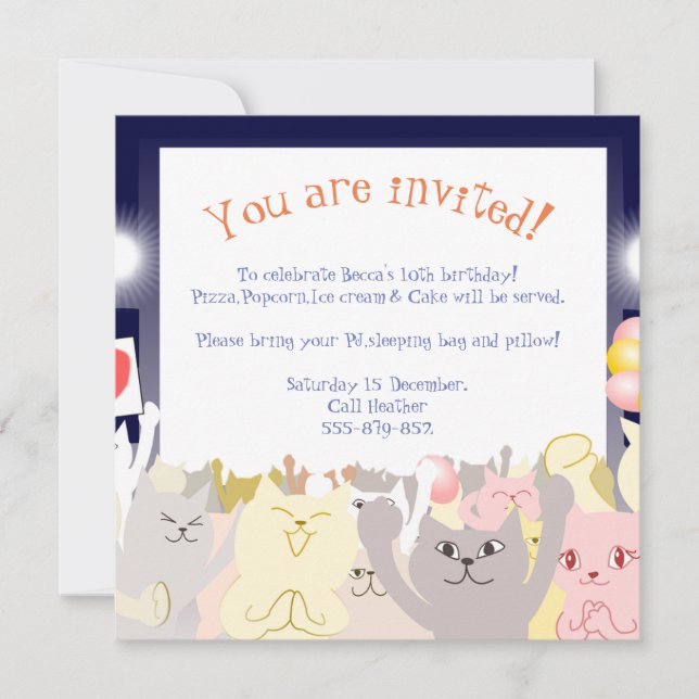 Slumber party Invitation Cats (Front)