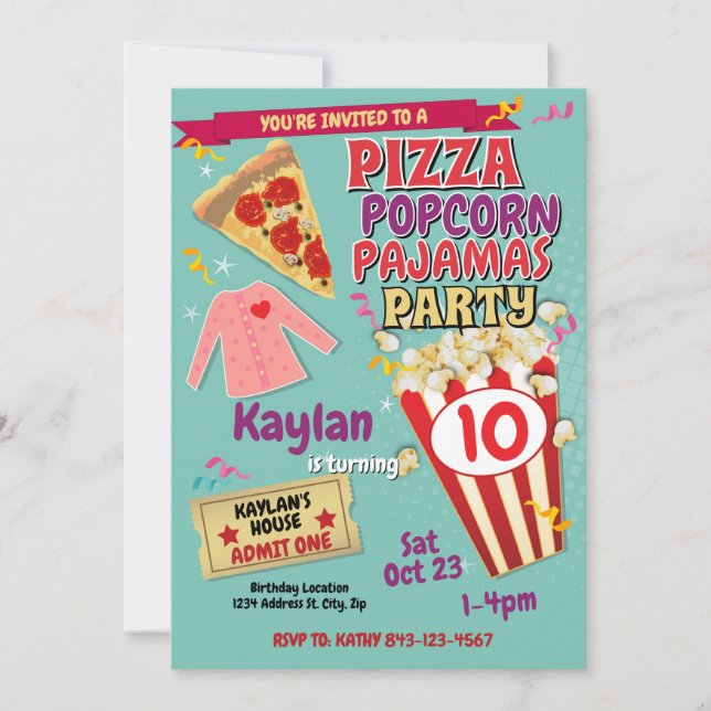 Slumber Party Invitation Pizza Popcorn Invite (Front)