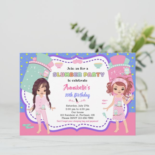 Slumber party invitation Sleepover birthday invite (Standing Front)