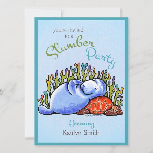 Slumber Party Manatee Turtle Off_Leash Art Invitation