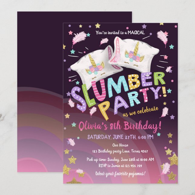 Slumber Party Pajamas Sleepover Magical Unicorn Invitation (Front/Back)