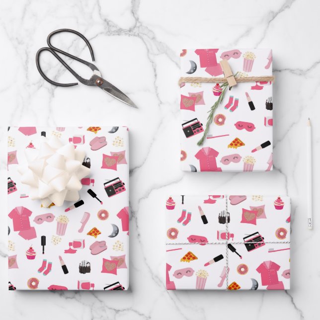 Slumber Party Pink Girl Kids Pattern Wrapping Paper Sheets (Front)