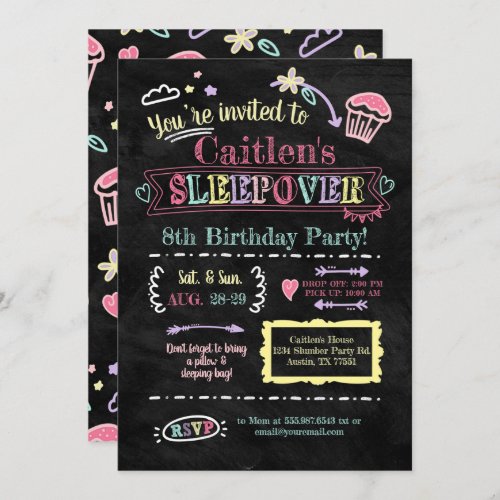 Slumber Party Sleepover Birthday Chalkboard Doodle Invitation