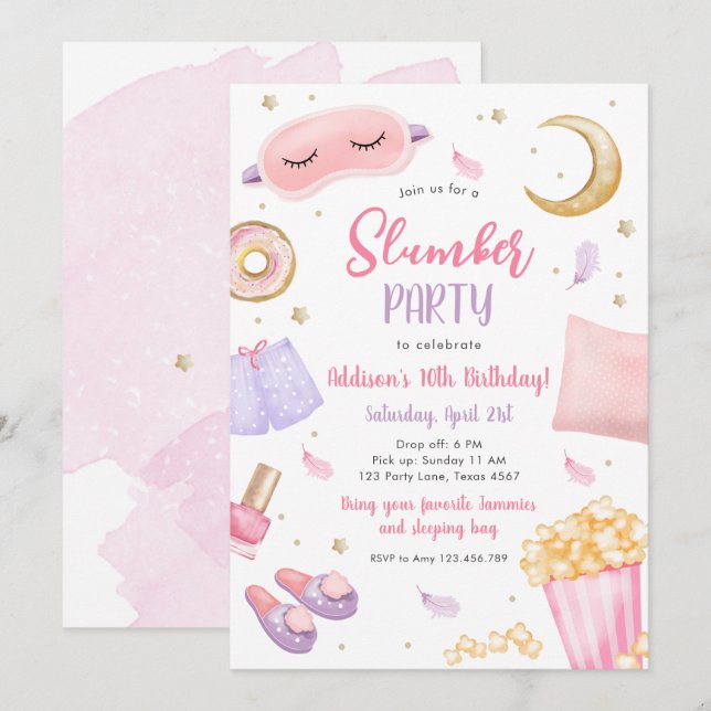 Slumber Party Sleepover Girl Spa Pink Birthday Inv Invitation (Front/Back)