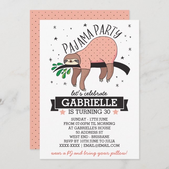 Slumber Party Sloth Invitation (Front/Back)