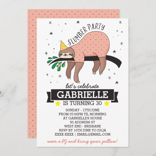Slumber Party Sloth Invitation (Front/Back)