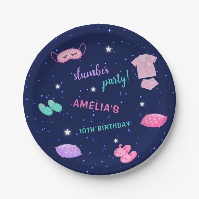 Slumber Sleepover Birthday Party Pink Purple Paper Plates (Front)