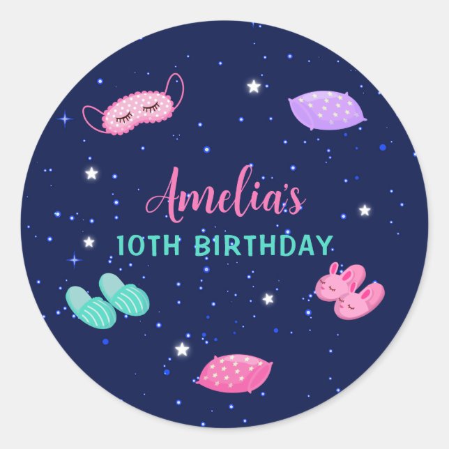 Slumber Sleepover Party Pink Purple Stars Classic Round Sticker (Front)