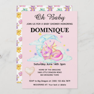 Slumbering Dragon On Pink - Baby Shower Invitation