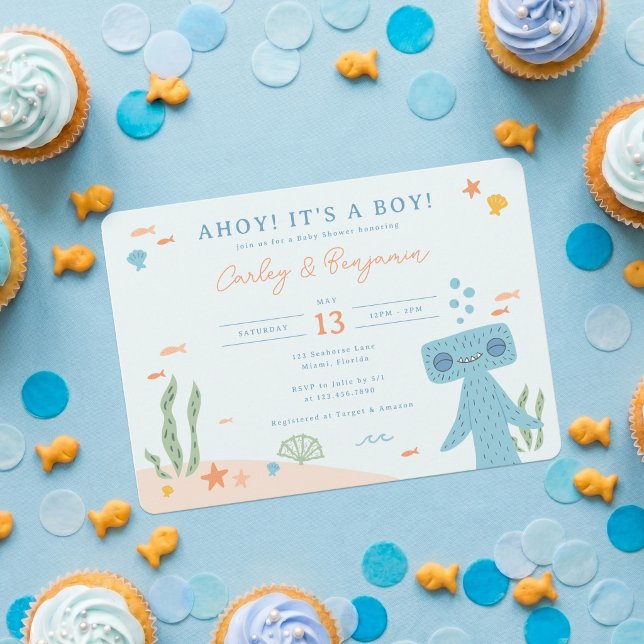 Slumberkins Hammerhead Baby Shower Invitation (Invitation on simulated table)