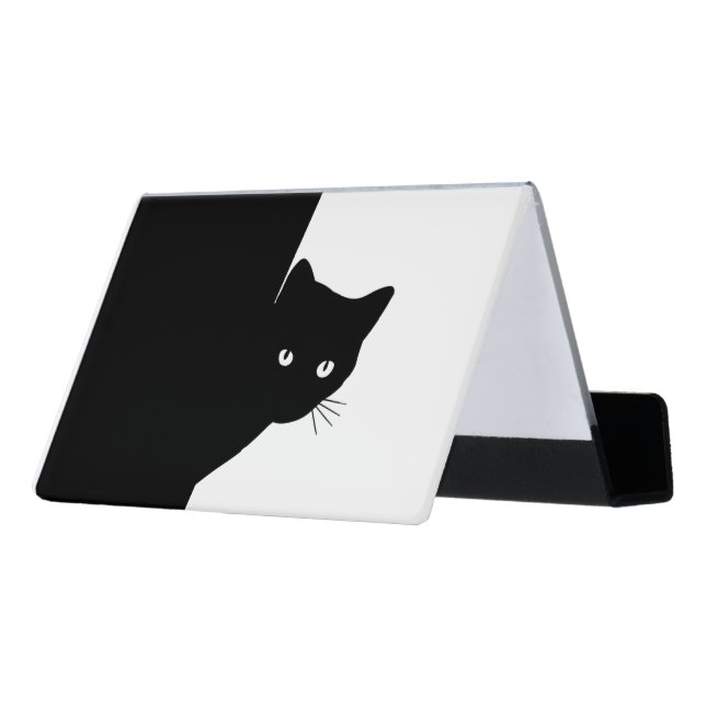 Sly Black Cat Desk Business Card Holder (Angled Back)