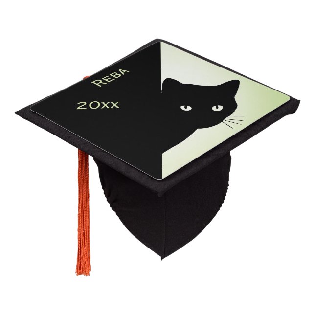 Sly Black Cat Green Name and Year Graduation Cap Topper (Angled)
