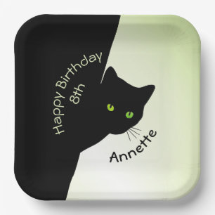 Sly Black Cat Happy Birthday Year and Name Paper Plates
