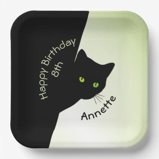 Sly Black Cat Happy Birthday Year and Name Paper Plates
