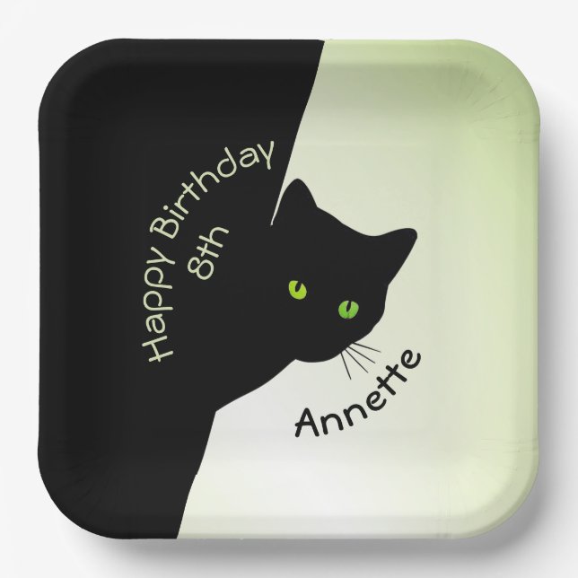 Sly Black Cat Happy Birthday Year and Name Paper Plates (Front)