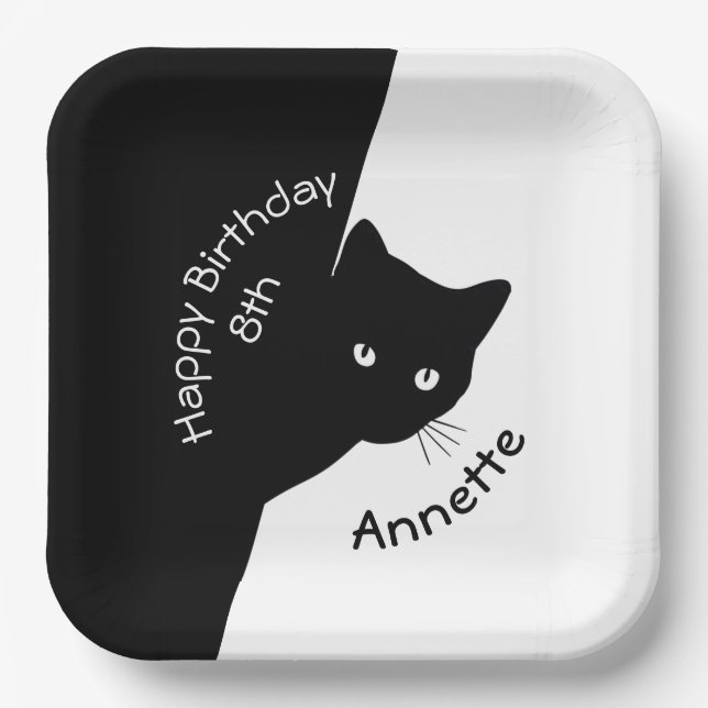 Sly Black Cat Happy Birthday Year and Name Paper Plates (Front)