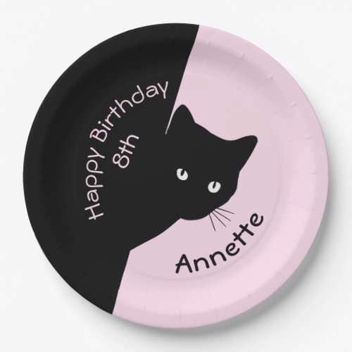 Sly Black Cat Happy Birthday Year and Name Pink Pa Paper Plates
