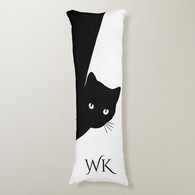 Sly Black Cat Monogram Body Pillow (Front Vertical)