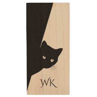 Sly Black Cat Monogram Wood Flash Drive