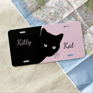 Sly Black Cat Pink Add Monogram or Names License Plate
