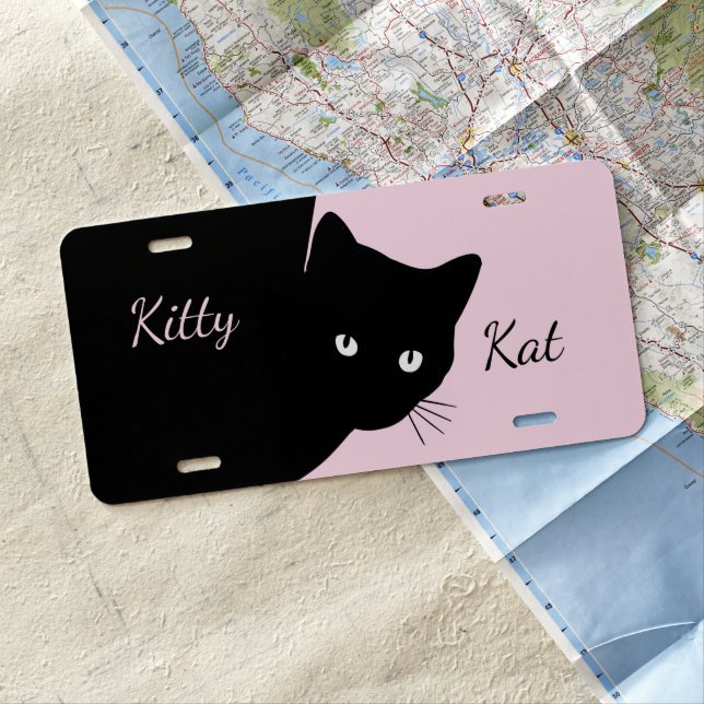 Sly Black Cat Pink Add Monogram or Names License Plate (In Situ)