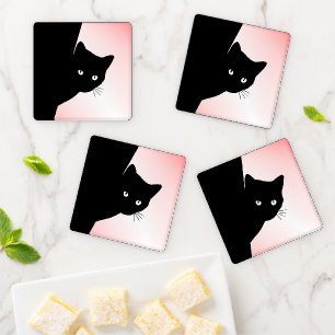 Sly Black Cat Pink Coaster Set