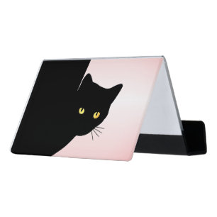 Sly Black Cat Pink Desk Business Card Holder