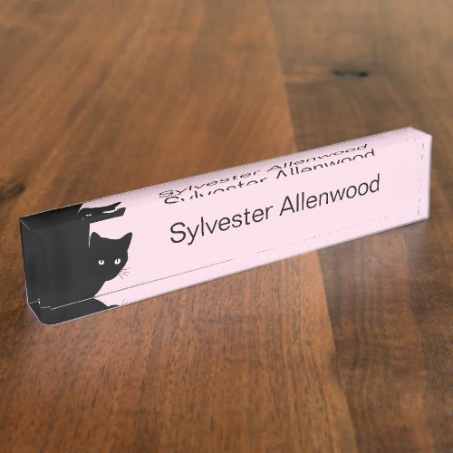 Sly Black Cat Pink Desk Name Plate