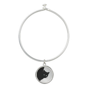 Sly Black Cat Silver Bangle Bracelet