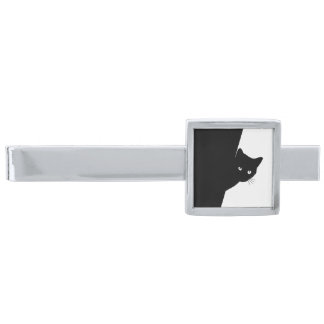 Sly Black Cat Silver Finish Tie Bar