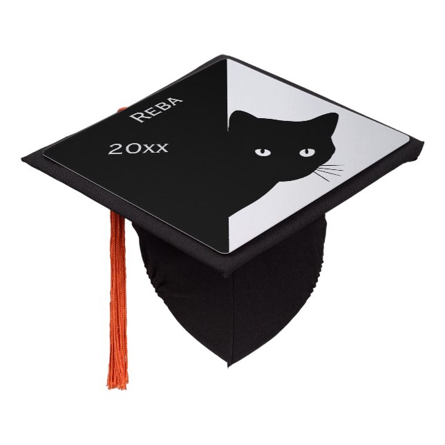 Sly Black Cat Silver Name and Year Graduation Cap Topper (Angled)
