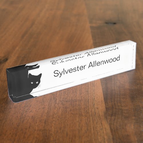 Sly Black Cat w Name Desk Name Plate