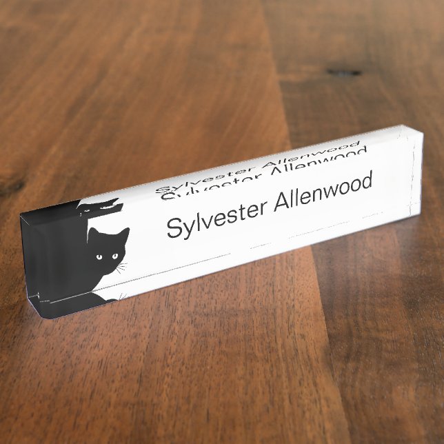 Sly Black Cat w Name Desk Name Plate (Side)