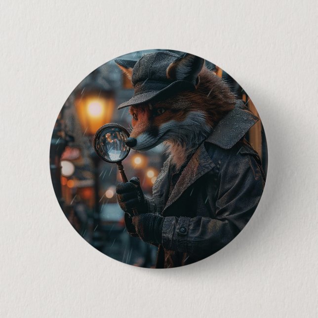 Sly fox detective in a noir setting button (Front)