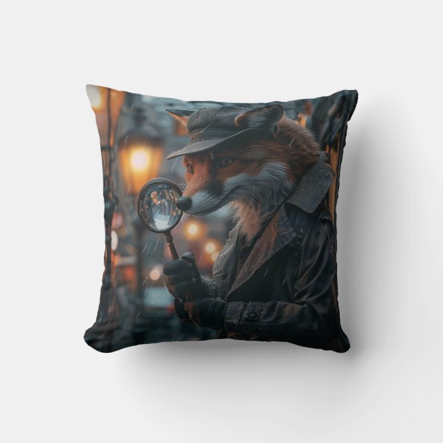 Sly fox detective in a noir setting throw pillow (Front)