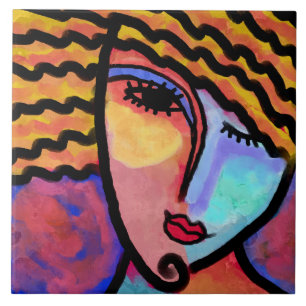 Sly Grin Abstract Digital Painting of a Woman Ceramic Tile