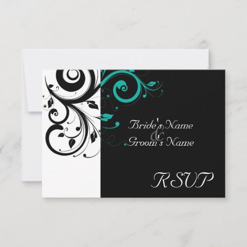 Sm Black +White Aqua Swirl Wedding Matching RSVP