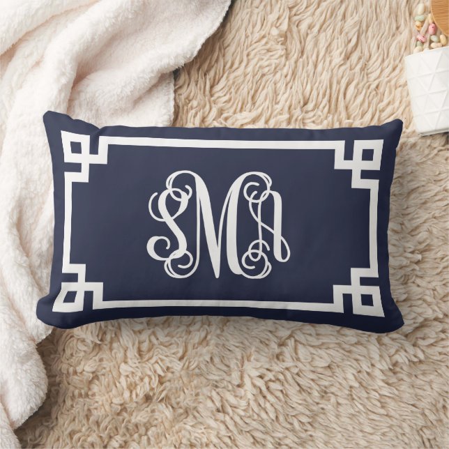 SMA Navy and White Greek Key Script Monogram Lumbar Pillow (Blanket)