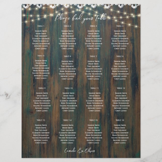 SMALL 16 Table Rustic Wood Lace SEATING CHART (Front)