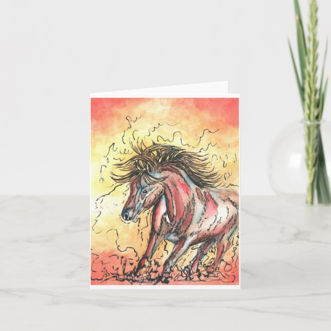 Small, 4" x 5.6" Folded Note Card Orange Horse (Front)