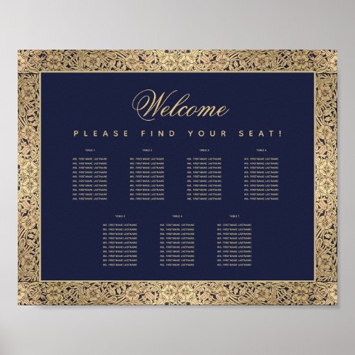 Small 7 Table Navy Blue Gold Roses Seating Chart